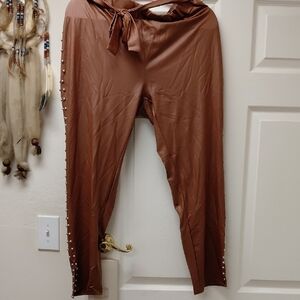 Women’s Brown Satin Tie-Waist Pants with Side Stud Detail